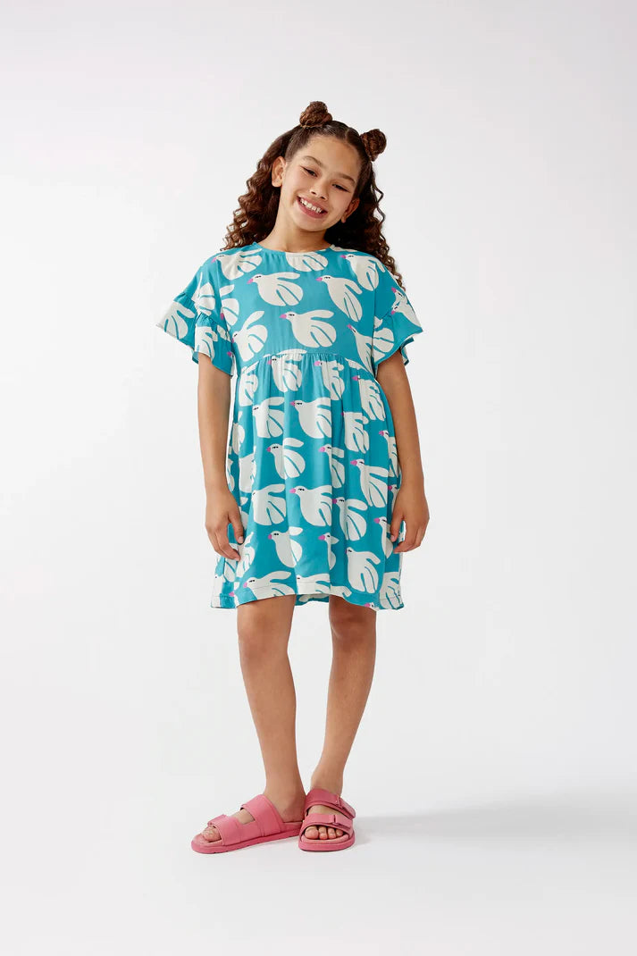 OUTLET - Vestido corto de niña en rayón LENZING™ ECOVERO™ estampado Dove - 41418